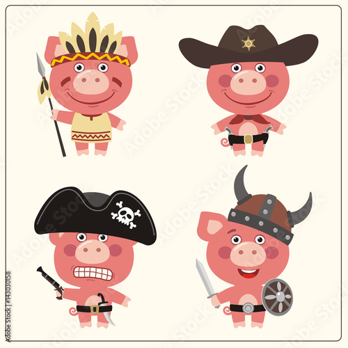 Funny pig in costume of viking, american indian, cowboy and pirate. Set isolated pig in cartoon style.