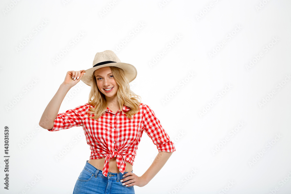 Portrait of beautiful country girl smiling over white background. Portrait of beautiful country girl smiling over white background.