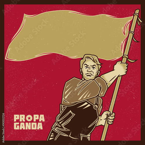 Vintage propaganda poster and elements. Retro Clip art of a Worker bring a gold flag or banner. Isolated artwork object. Suitable for and any print media need.