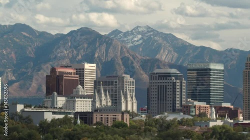 View of downtown Salt Lake City against the Wasatch Mountains photo
