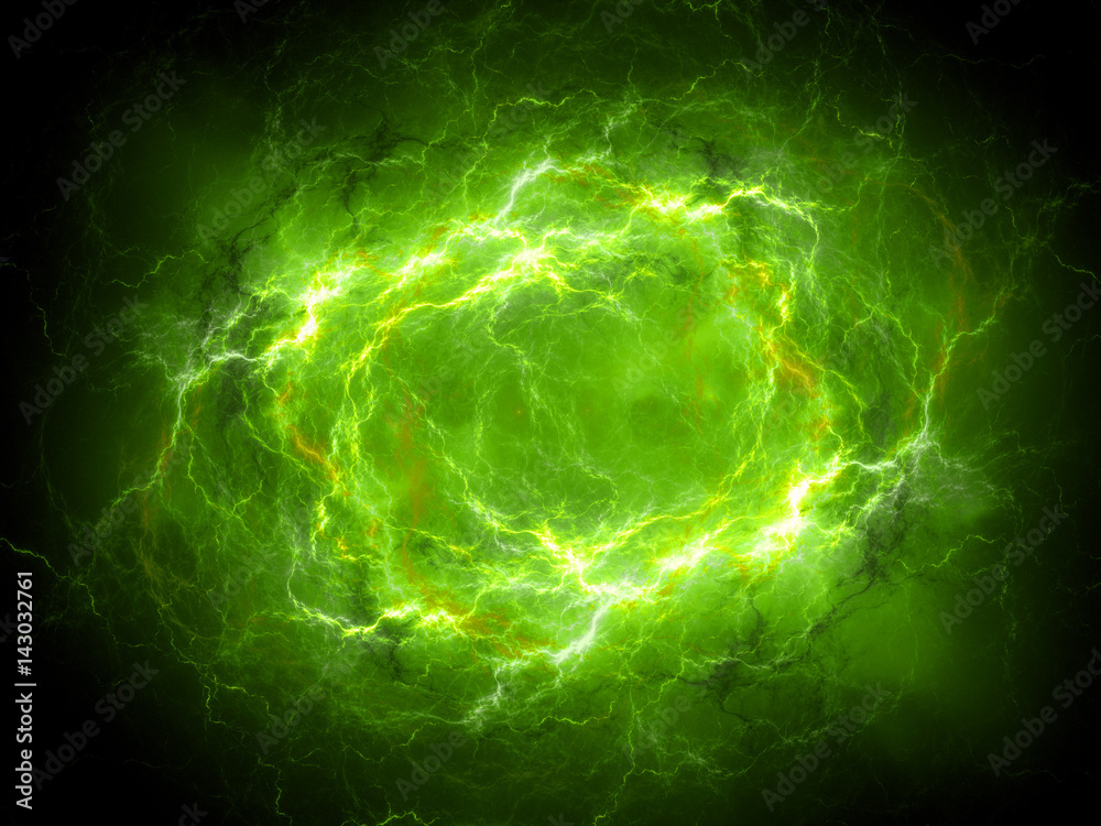 Green glowing plasma lightning in space - obrazy, fototapety, plakaty 