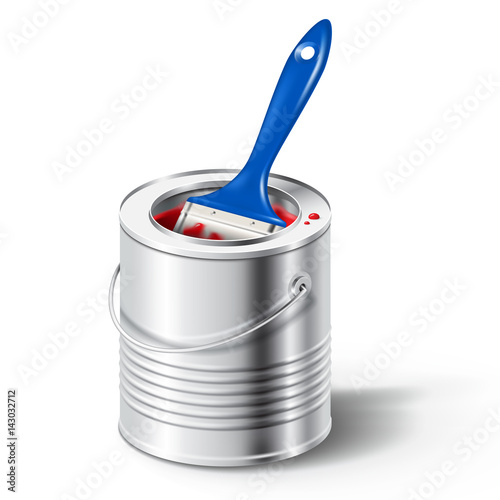 paint can with red color and brush
