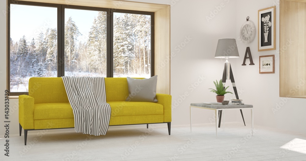 Fototapeta premium White room with sofa and winter landscape in window. Scandinavian interior design. 3D illustration