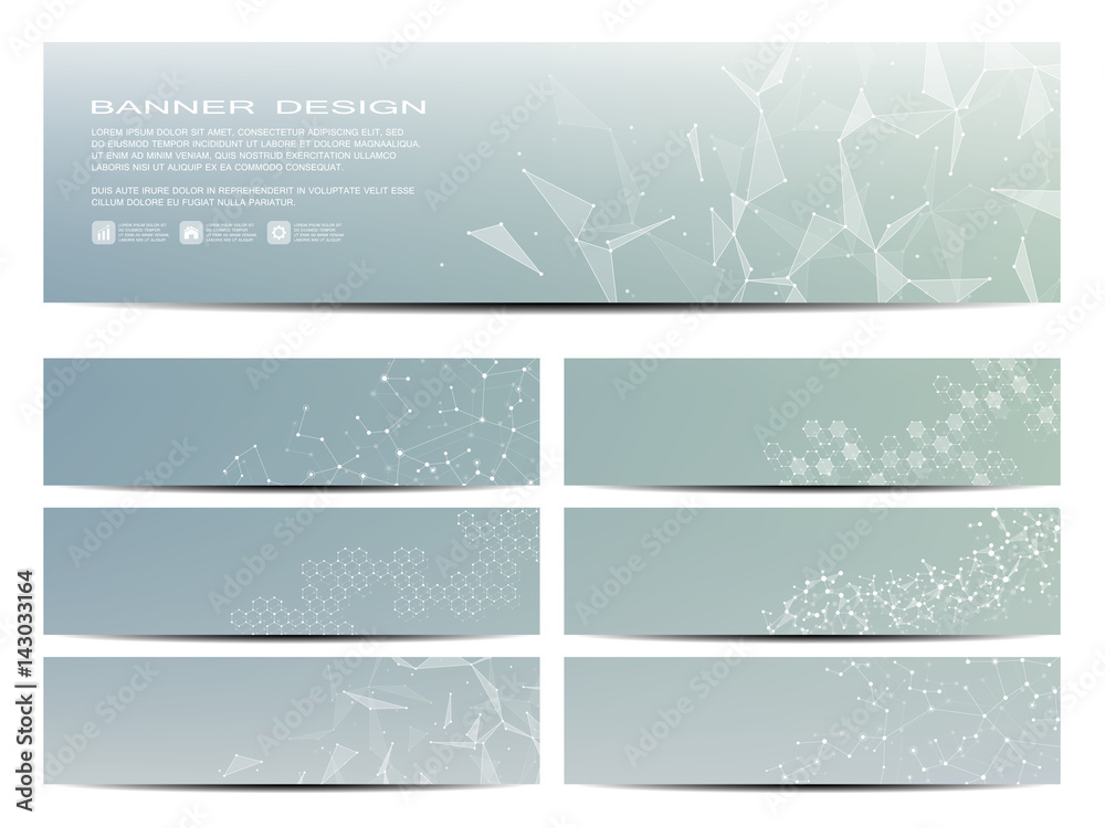 Set of modern scientific banners. Molecular structure of DNA and neurons. Geometric abstract background. Medicine, science, technology, business and website templates. Vector illustration