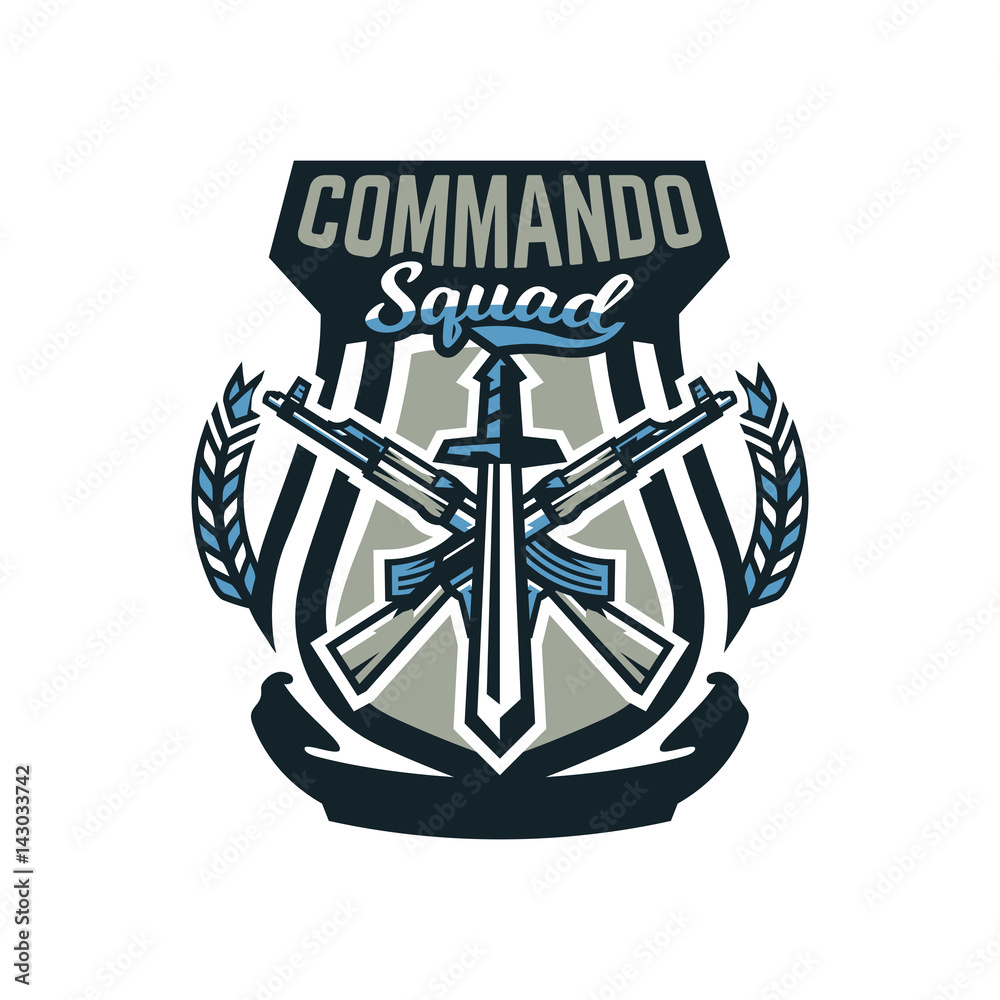 Logo, emblem, military weapons, machine guns. Vector illustration, printing on T-shirts
