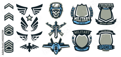 Set of military and military badges. Emblems, automatic weapons, skull, ammunition, eagle, wings, templates. Vector illustration, printing on T-shirts