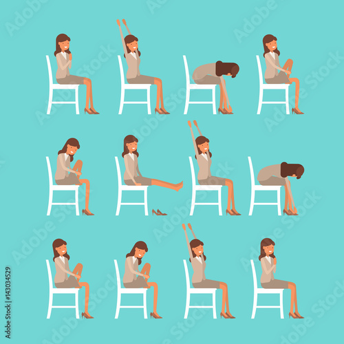 Vector illustration of chair sun salutation positions. Woman in suit doing yoga at work. Office worker doing Surya namaskar asana. Workout picture on blue background.
