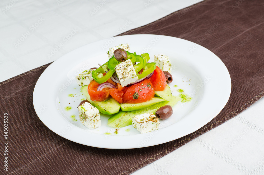 Salad With Cucumber, Tomatoes Cheese Cubes, Olives And Grilled Red Peper Salad With Cucumber, Tomatoes Cheese Cubes, Olives And Grilled Red Peper