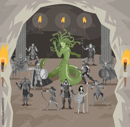 medusa gorgon with stone statues in her lair