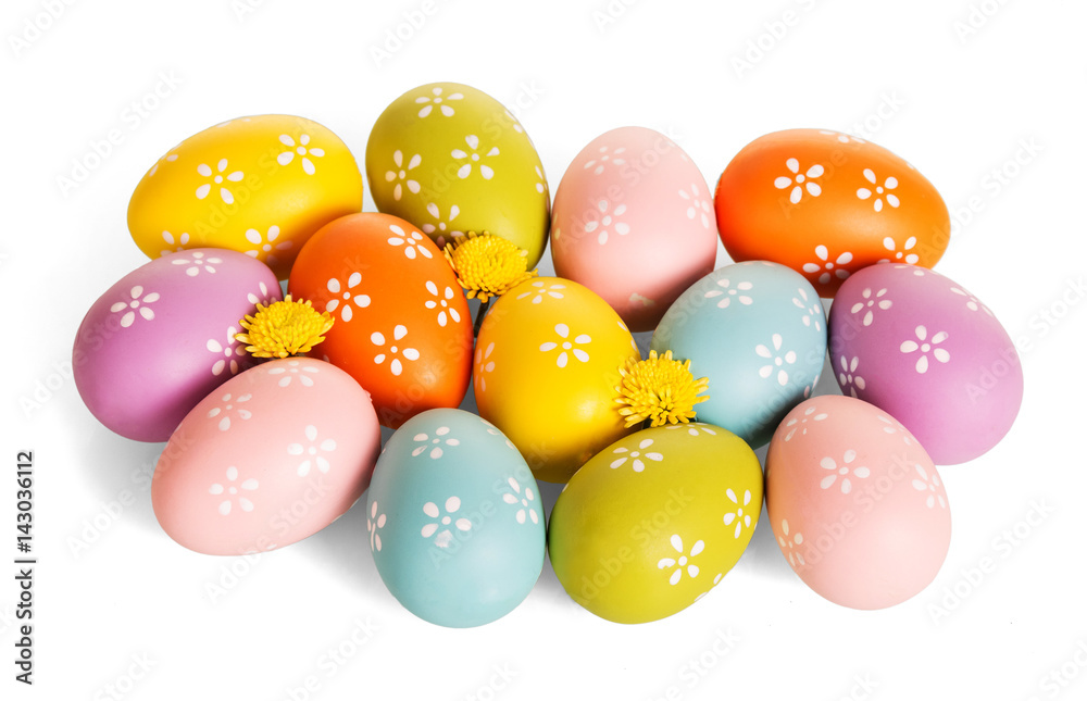 Multi-colored Easter eggs, flowers, isolated on white background.