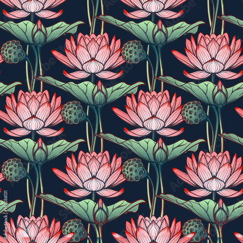 Lotus background. Floral seamless pattern with water lilies isolated on deep blue background. EPS10 vector illustration.