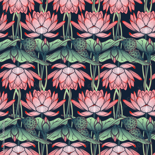 Lotus background. Floral pattern with water lilies isolated on white background. EPS10 vector illustration.