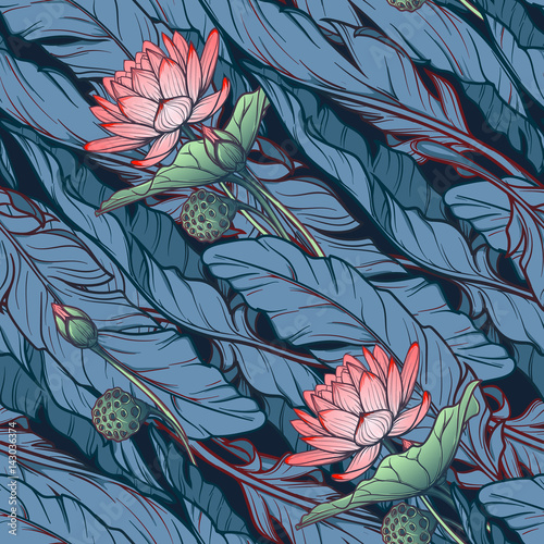 Lotus background. Floral seamless pattern with water lilies and banana leaves on deep blue background. Diagonal rhythm. EPS10 vector illustration.