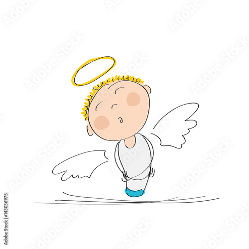 Cute dreamy angel with stars above - original hand drawn illustration