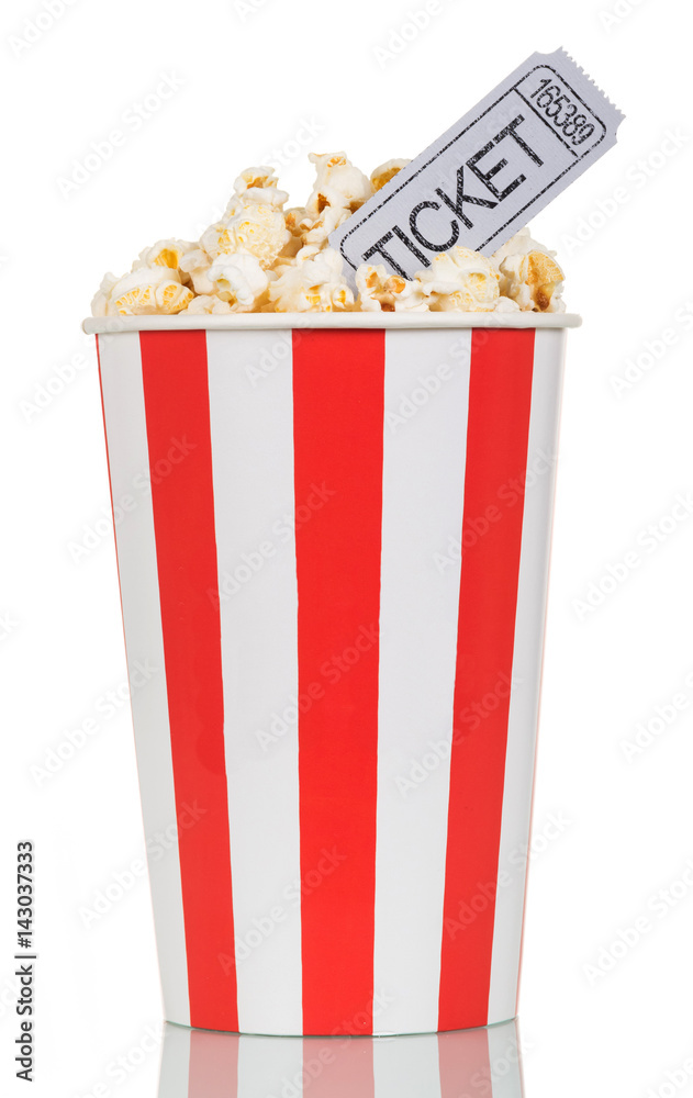 Fototapeta premium Large striped popcorn box with gray cinema ticket on white.