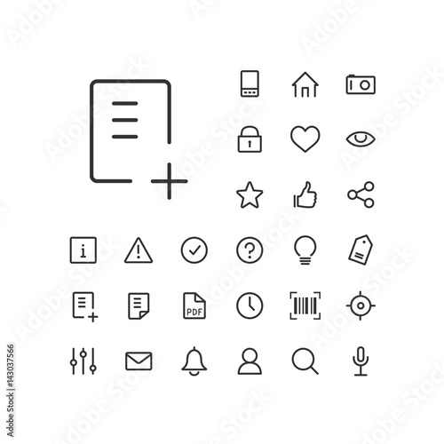 Document add icon in set on the white background. Universal linear icons to use in web and mobile app.