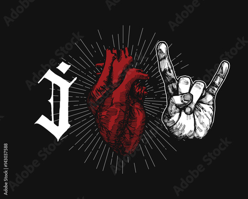rock hand sign of horns gothic print - i love rock