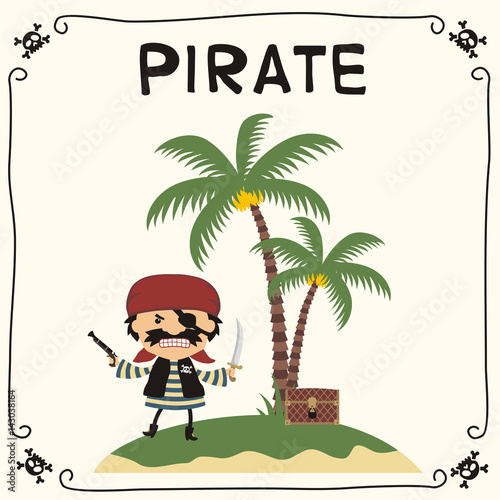 Angry pirate on island with palm trees. Isolated pirate in red bandana with bandage on eye in cartoon style.