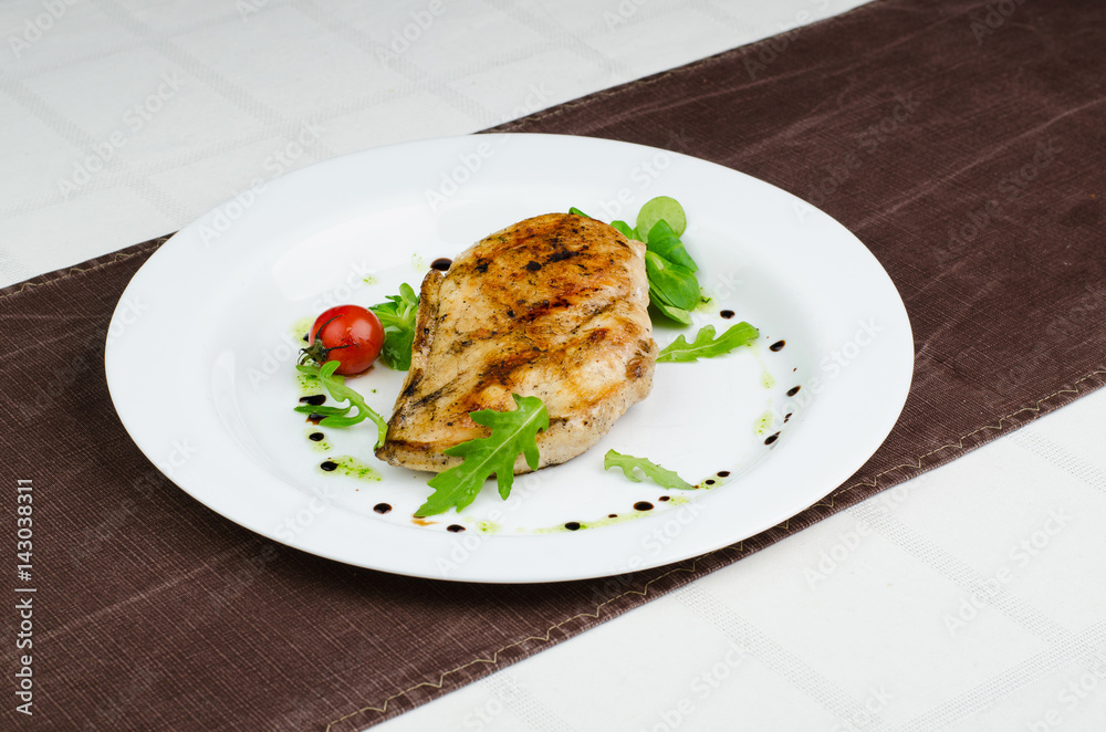 Grilled Chicken Fillet With Cherry Tomatoes, Green Leaves, Pesto And Soy Sauce