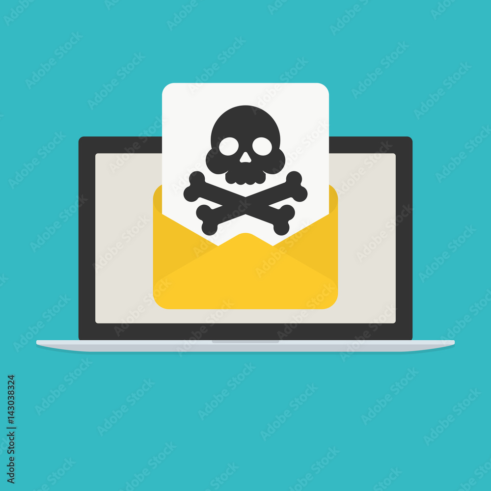 Laptop and envelope with skull and crossbones. E-mail spam, hacking, internet virus concept. Vector flat icon Laptop and envelope with skull and crossbones. E-mail spam, hacking, internet virus concept. Vector flat icon