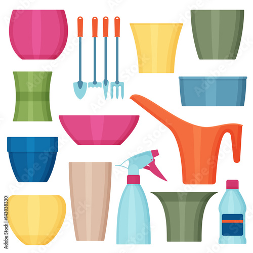 Indoor gardening icons. Flowerpots and tools. Vector illustration