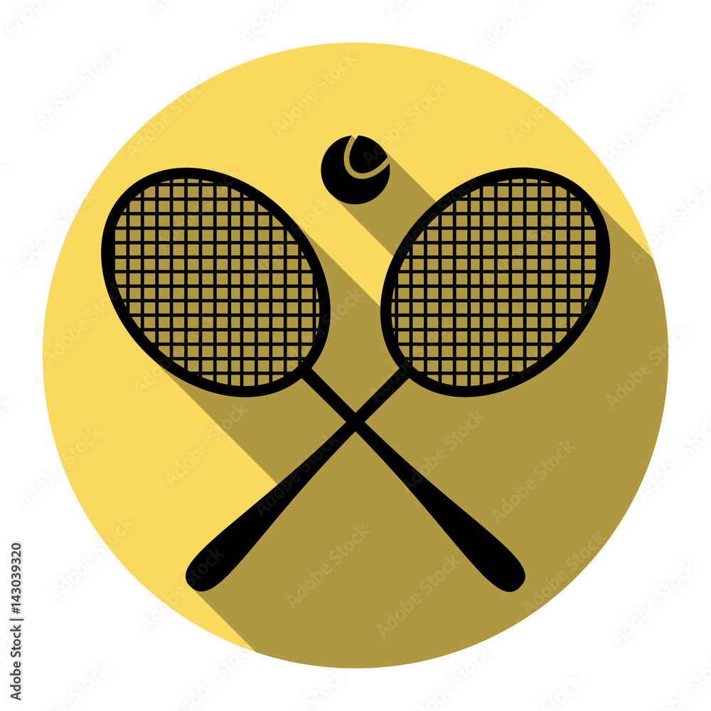 Tennis racket sign. Vector. Flat black icon with flat shadow on royal yellow circle with white background. Isolated. Tennis racket sign. Vector. Flat black icon with flat shadow on royal yellow circle with white background. Isolated.