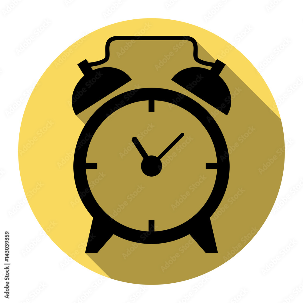 Alarm clock sign. Vector. Flat black icon with flat shadow on royal yellow circle with white background. Isolated. Alarm clock sign. Vector. Flat black icon with flat shadow on royal yellow circle with white background. Isolated.