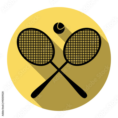 Tennis racket sign. Vector. Flat black icon with flat shadow on royal yellow circle with white background. Isolated.
