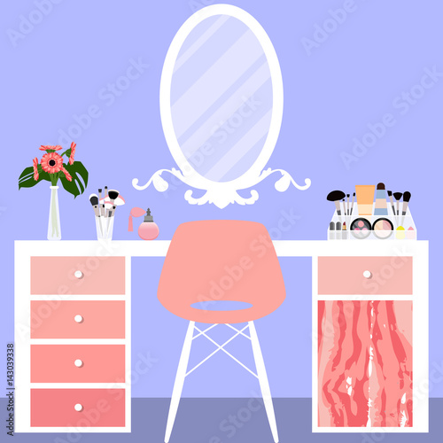 Vector illustration with make-up table, chair, mirror and cosmetics product