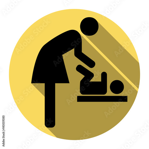 Symbol for women and baby, baby changing. Vector. Flat black icon with flat shadow on royal yellow circle with white background. Isolated.