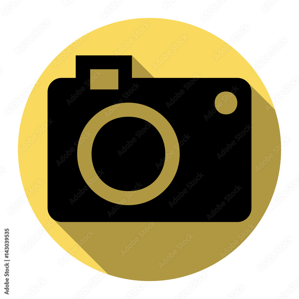 Digital camera sign. Vector. Flat black icon with flat shadow on royal yellow circle with white background. Isolated. Digital camera sign. Vector. Flat black icon with flat shadow on royal yellow circle with white background. Isolated.