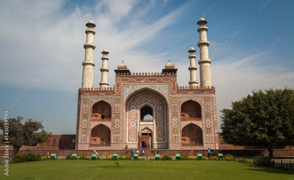 Mughal India architecture red sandstone gateway to Akbar tomb at Sikandra - A World heritage site.