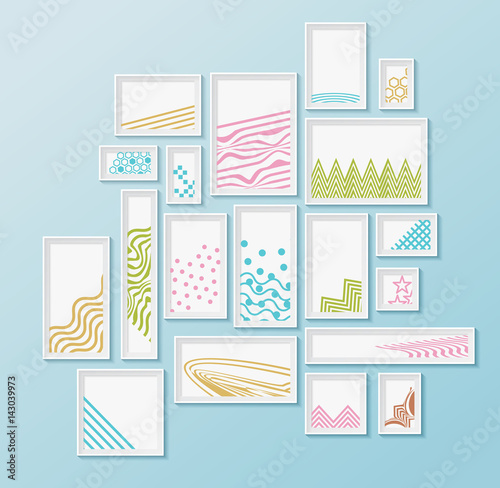 Different pictire frames with simple colorful geometric patters on bright blue wall. Set of realistic borders for art gallery mockup, wallpaper design, fully editable, you can move any object photo