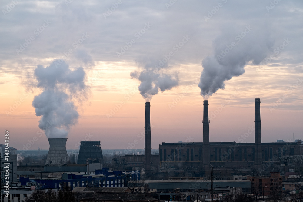coal fired power station powerplant smog pollution concept and global warming concept