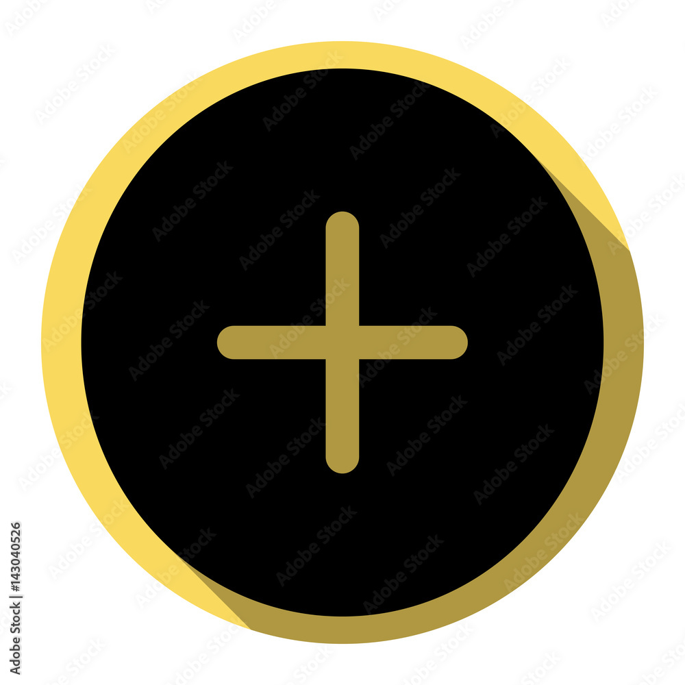 Positive symbol plus sign. Vector. Flat black icon with flat shadow on royal yellow circle with white background. Isolated. Positive symbol plus sign. Vector. Flat black icon with flat shadow on royal yellow circle with white background. Isolated.