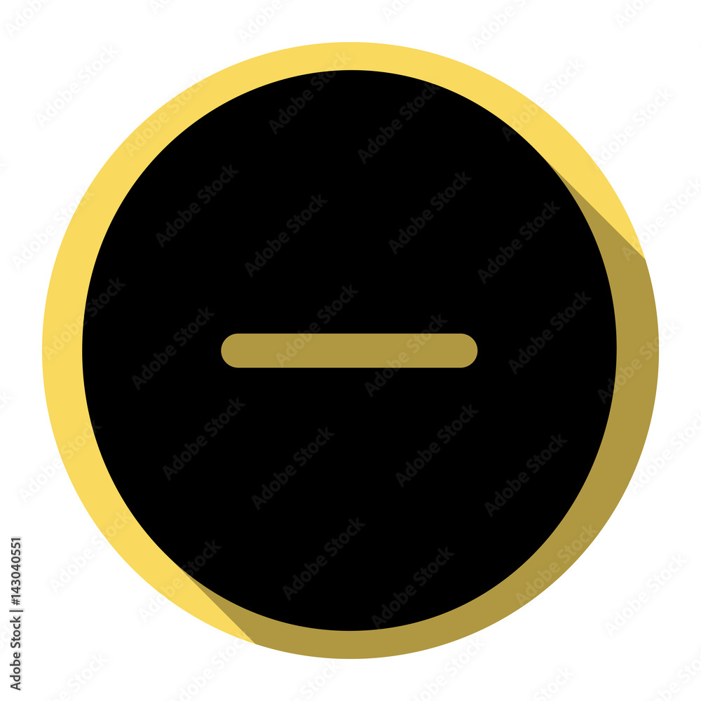 Negative symbol illustration. Minus sign. Vector. Flat black icon with flat shadow on royal yellow circle with white background. Isolated. Negative symbol illustration. Minus sign. Vector. Flat black icon with flat shadow on royal yellow circle with white background. Isolated.