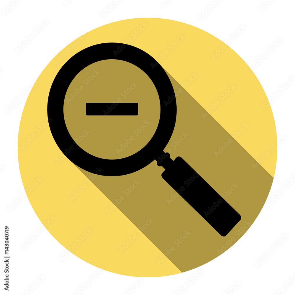 Zoom sign illustration. Vector. Flat black icon with flat shadow on royal yellow circle with white background. Isolated. Zoom sign illustration. Vector. Flat black icon with flat shadow on royal yellow circle with white background. Isolated.