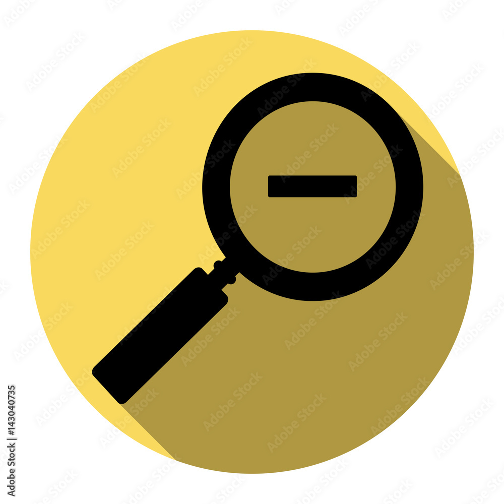 Zoom sign illustration. Vector. Flat black icon with flat shadow on royal yellow circle with white background. Isolated. Zoom sign illustration. Vector. Flat black icon with flat shadow on royal yellow circle with white background. Isolated.