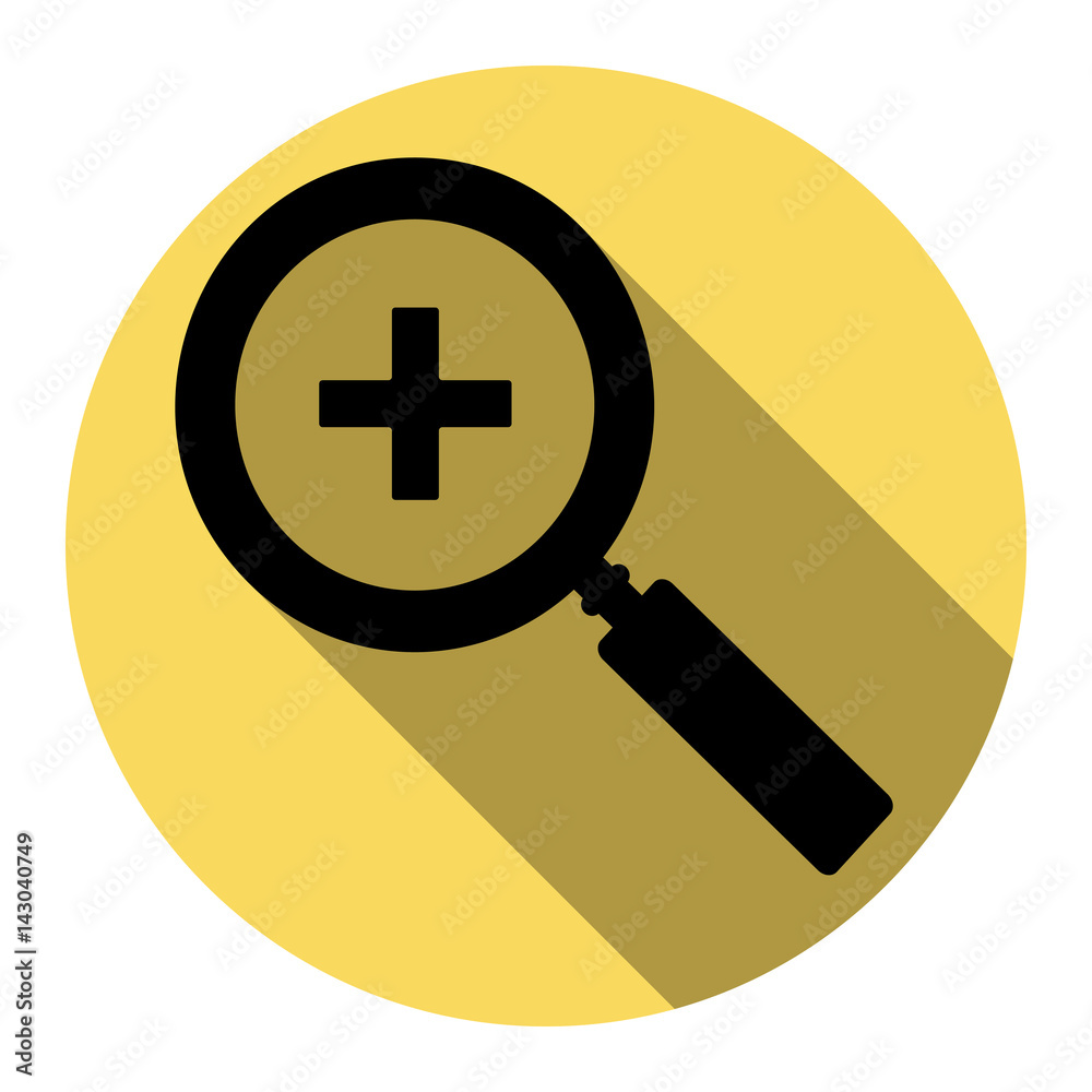 Zoom sign illustration. Vector. Flat black icon with flat shadow on royal yellow circle with white background. Isolated. Zoom sign illustration. Vector. Flat black icon with flat shadow on royal yellow circle with white background. Isolated.