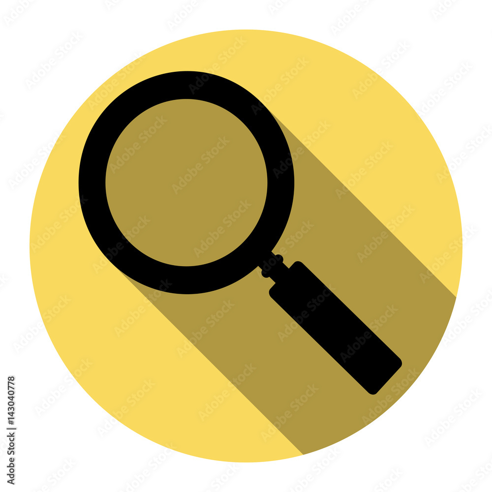 Zoom sign illustration. Vector. Flat black icon with flat shadow on royal yellow circle with white background. Isolated. Zoom sign illustration. Vector. Flat black icon with flat shadow on royal yellow circle with white background. Isolated.
