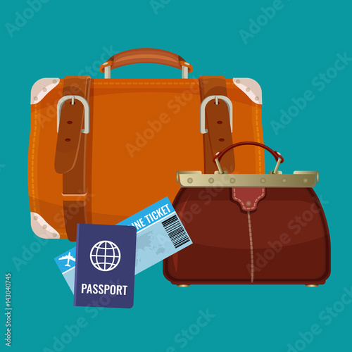 Leather luggage case, carryon bag near travelling tickets and passports