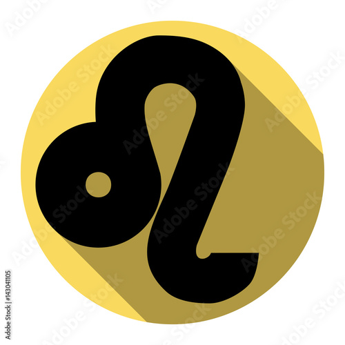Leo sign illustration. Vector. Flat black icon with flat shadow on royal yellow circle with white background. Isolated.