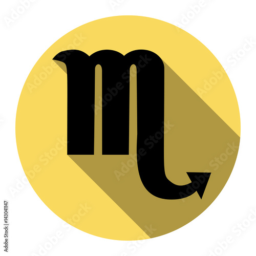 Scorpio sign illustration. Vector. Flat black icon with flat shadow on royal yellow circle with white background. Isolated.