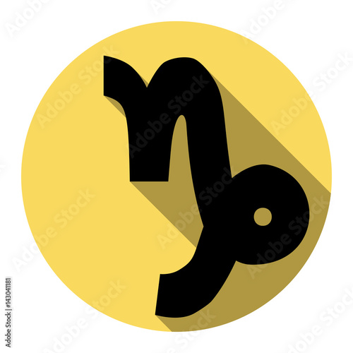 Capricorn sign illustration. Vector. Flat black icon with flat shadow on royal yellow circle with white background. Isolated.