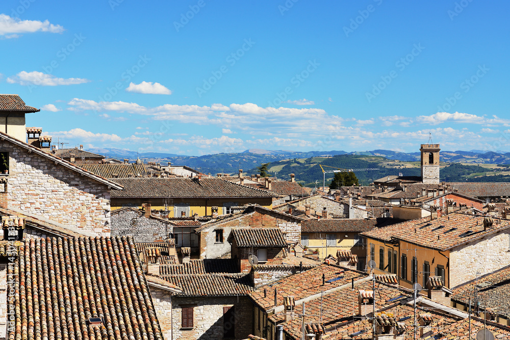 Medieval tiling roofs panorama in Gubbio, Umbria Region, Perugia Province / Metropolitan city, Italy.