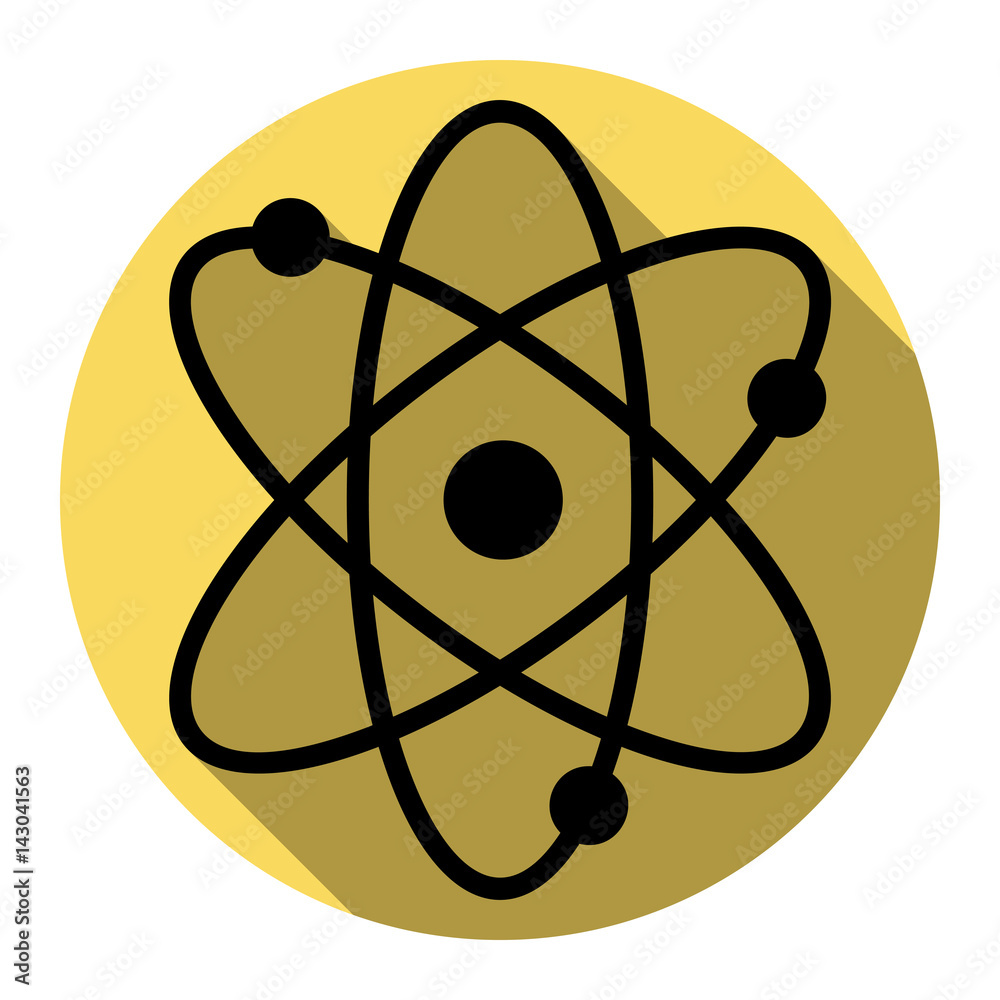 Atom sign illustration. Vector. Flat black icon with flat shadow on royal yellow circle with white background. Isolated. Atom sign illustration. Vector. Flat black icon with flat shadow on royal yellow circle with white background. Isolated.