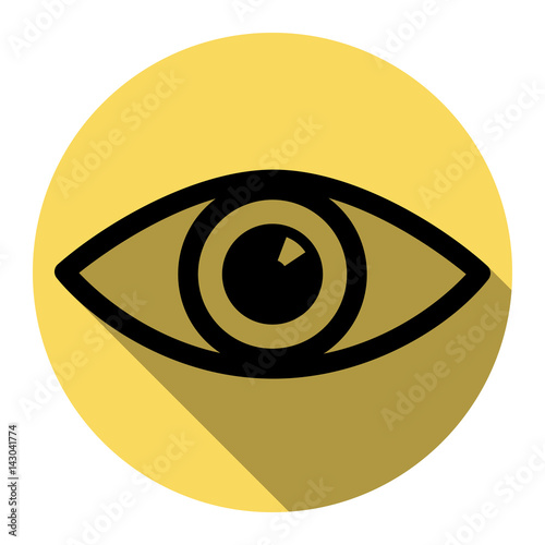 Eye sign illustration. Vector. Flat black icon with flat shadow on royal yellow circle with white background. Isolated.