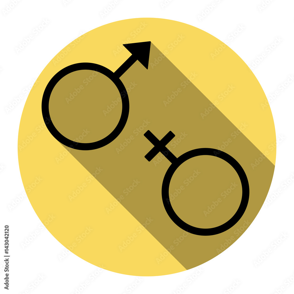 Sex symbol sign. Vector. Flat black icon with flat shadow on royal yellow circle with white background. Isolated. Sex symbol sign. Vector. Flat black icon with flat shadow on royal yellow circle with white background. Isolated.
