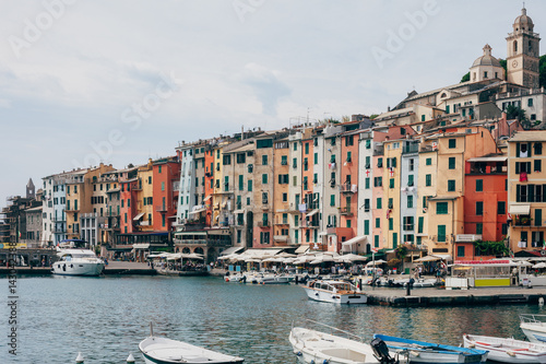 Beautiful colorful houses and boats in scenery italian village Portovenere