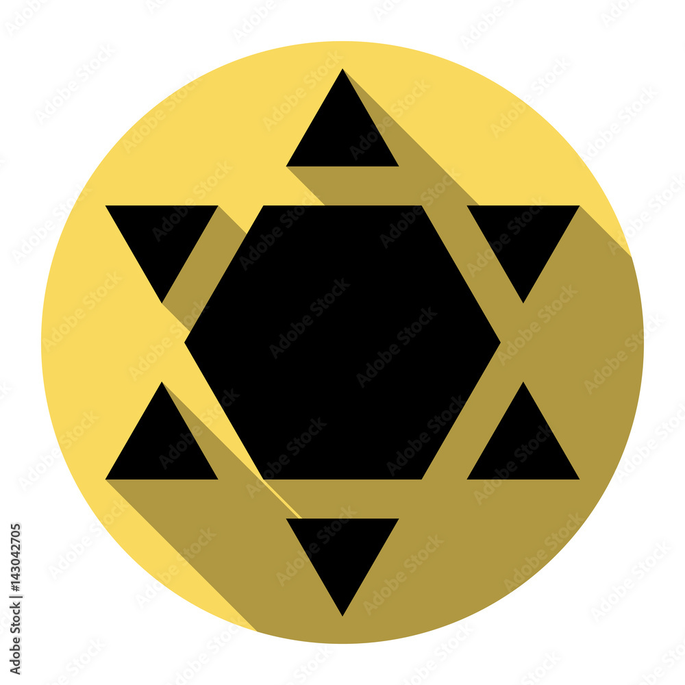 Shield Magen David Star Inverse. Symbol of Israel inverted. Vector. Flat black icon with flat shadow on royal yellow circle with white background. Isolated. Shield Magen David Star Inverse. Symbol of Israel inverted. Vector. Flat black icon with flat shadow on royal yellow circle with white background. Isolated.